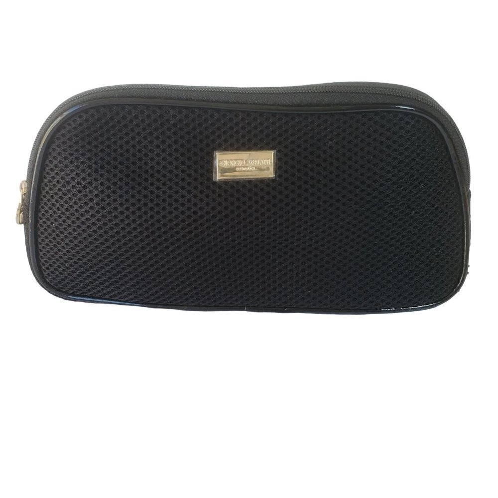 Georgio Armani Black Makeup Bag Nylon Mesh Zip Close 5 x 10 Inches Logo Tab NEW